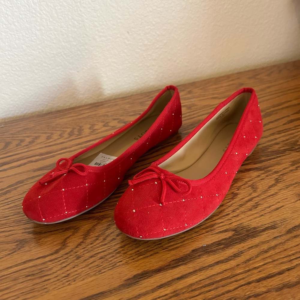 TALBOTS PENELOPE QUILTED BALLET FLATS - RED STUDDED SUEDE 6.5M NWT